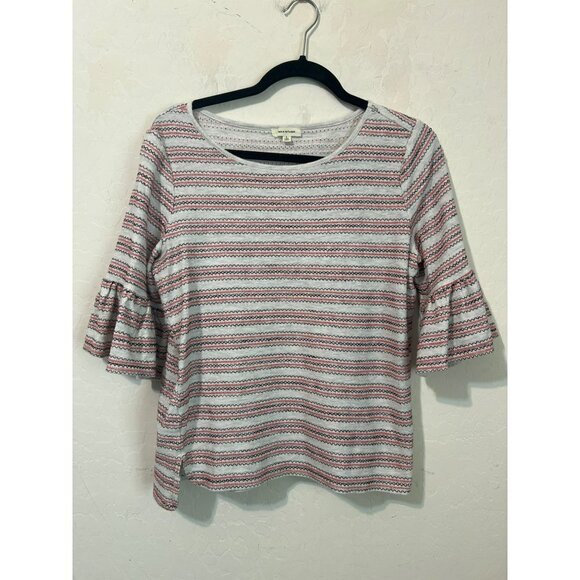 Max Studio Sz L Ruffle Sleeve Embroidered Stripe Top Coral Black White - Picture 2 of 7